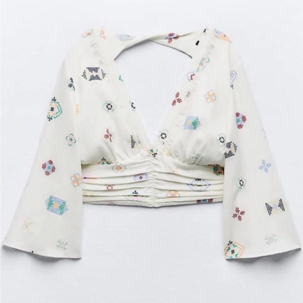 Zara White Patterned crop Top